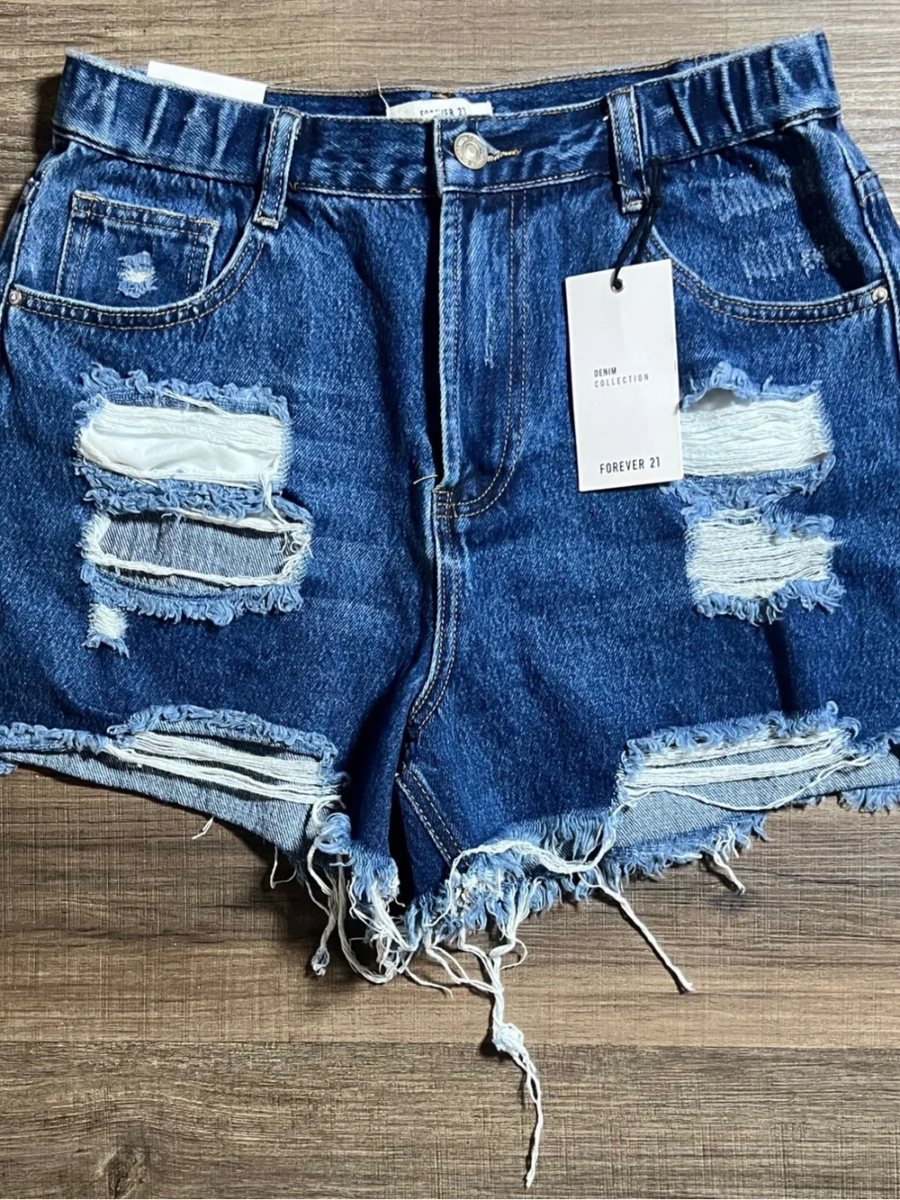 Forever 21 Dark Denim High Rise Distressed Cut Off Jean Shorts